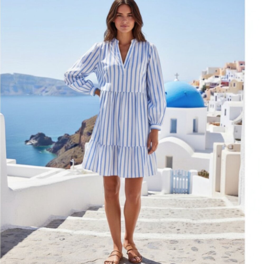 J. Crew Tiered Cotton Poplin Long Sleeve Dress Blue White Stripe Med - Picture 8 of 8